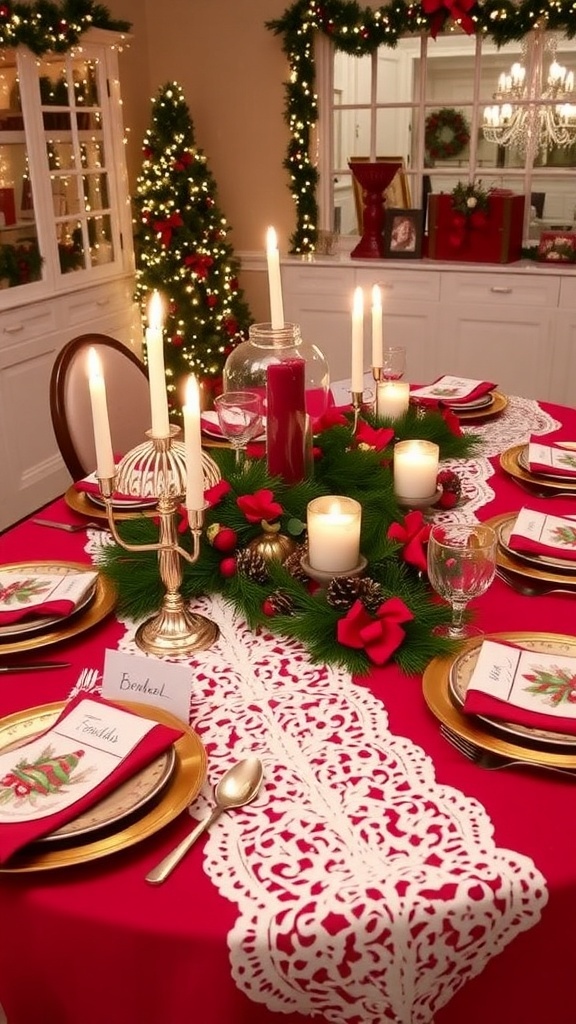 Christmas Brunch Table Decor Ideas A festive Christmas brunch table set with red and white decorations, candles, and elegant dinnerware.